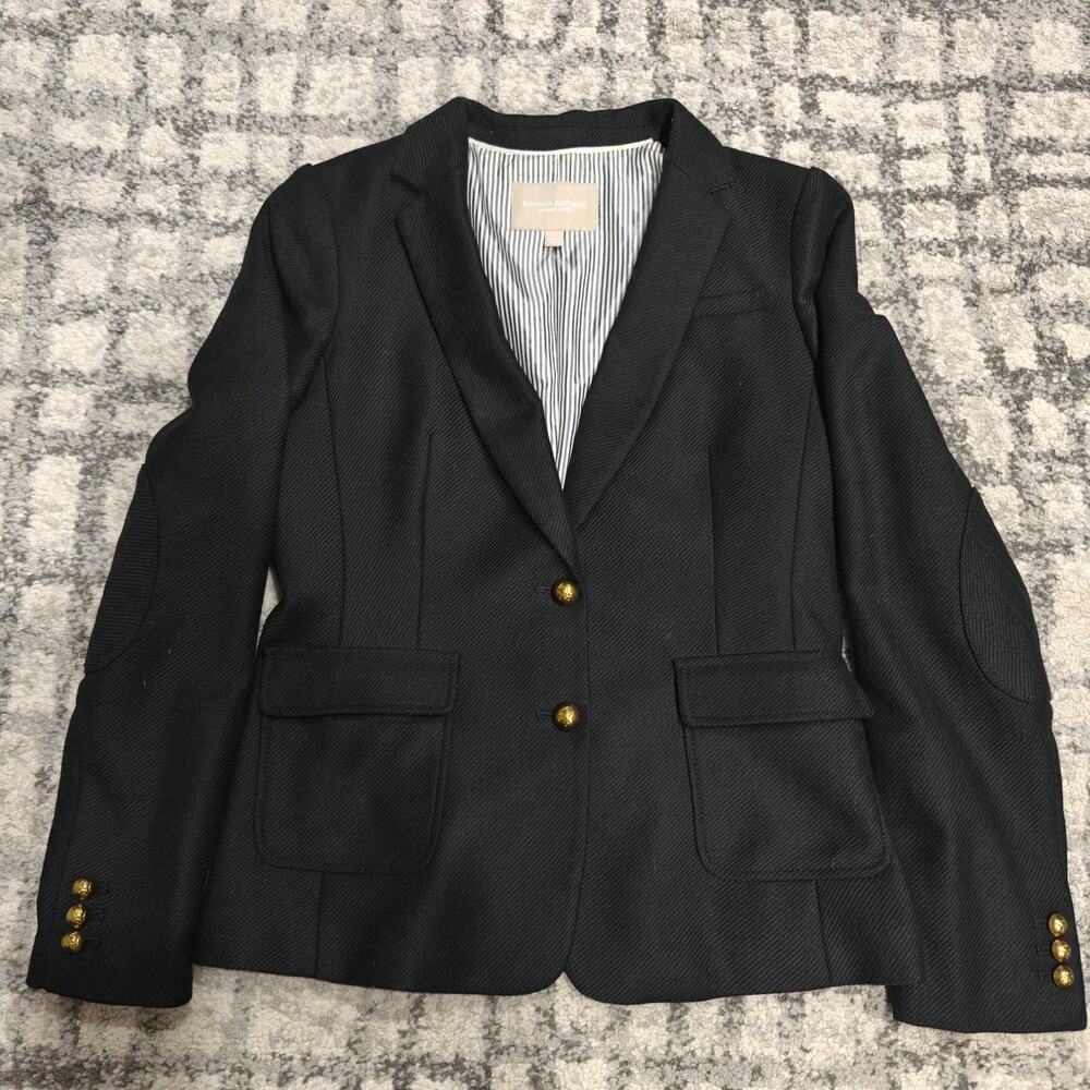 Banana Republic Hacking Jacket Sz 6 Black Wool Blend Blazer Elbow Patch Crest